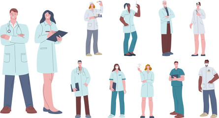 Doctor and nurse characters. Happy hospital workers, nurses lab portrait. Medical care group professionals. Healthcare and clinic kicky vector occupations