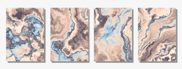 Set of cover templates. Light brown marble backgrounds with blue and black veins