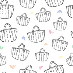 Seamless pattern with hand drawn outlined beach bags and colorful little shapes doodle style, vector illustration on white background. Design for wrapping and packaging