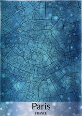 Christmas background, Chirstmas map of Paris France, greeting card on blue background.
