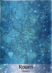 Christmas background, Chirstmas map of Rouen France, greeting card on blue background.