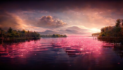 Fototapeta na wymiar sunset at coast of the lake. Nature landscape. Nature in northern Europe. reflection, landscape during sunset. 3d render, Raster illustration.