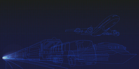 Train, passenger bus, passenger plane and cruise ship. Futuristic vector background. Blue shiny background template on the theme of transport and transportation.