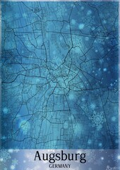 Christmas background, Chirstmas map of Augsburg Germany, greeting card on blue background.