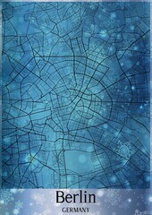 Christmas background, Chirstmas map of Berlin Germany, greeting card on blue background.