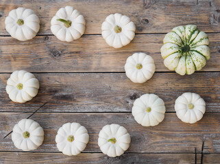 Happy Thanksgiving concept. Autumn composition with white pumpkins on wooden table. Flat lay, top view, copy space.