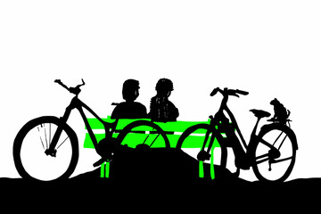 Fototapeta na wymiar coppia seduta sulla panchina con biciclette e gatto