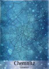 Christmas background, Chirstmas map of Chemnitz Germany, greeting card on blue background.