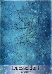 Christmas background, Chirstmas map of Duesseldorf Germany, greeting card on blue background.