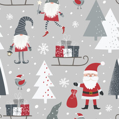 Christmas seamless pattern with Santa Claus, scandinavian, gnomes, sleigh with gift boxes, birds and christmas tree.
