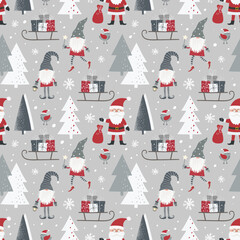 Christmas seamless pattern with Santa Claus, scandinavian, gnomes, sleigh with gift boxes, birds and christmas tree.