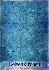 Naklejka premium Christmas background, Chirstmas map of Gelsenkirchen Germany, greeting card on blue background.