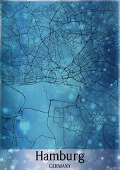 Christmas background, Chirstmas map of Hamburg Germany, greeting card on blue background.