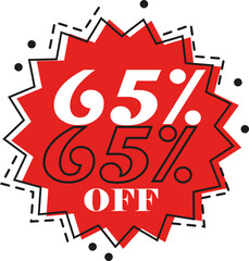 65% discount (sixty-five percent) art in red color with black dash and and white numbers