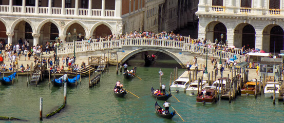 Venice, Italy, from a Cruise Ship Entering the Harbor Looking at the Famous Bridge over a Canal with Gondolas