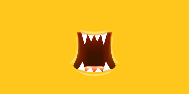 Vector Cartoon wide open monster mouth with fangs isolated on orange background. Funny and cute green Halloween Monster open mouth with big white teeth and pink tongue