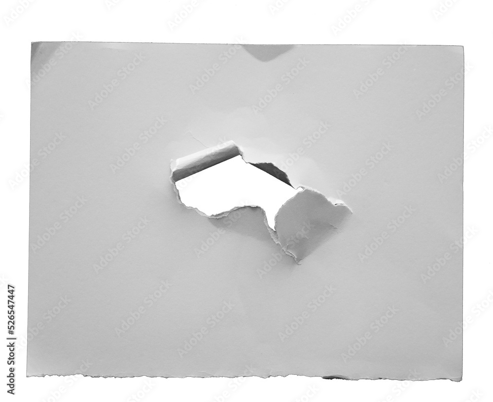 Poster torn paper with the curled ripped sides. a round black hole of torn on the white paper. realistic to