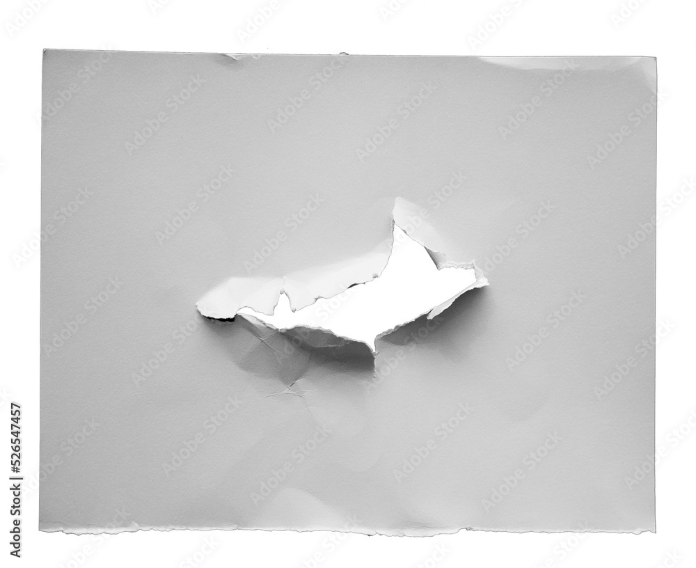 Poster torn paper with the curled ripped sides. a round black hole of torn on the white paper. realistic torn paper with the ripped edges for copy space and text.