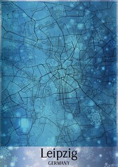 Christmas background, Chirstmas map of Leipzig Germany, greeting card on blue background.