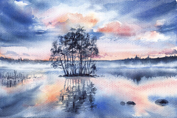 Reflection of clouds in water. Sunset over  river with fog. Watercolor illustration.