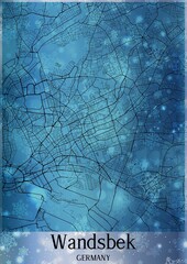 Christmas background, Chirstmas map of Wandsbek Germany, greeting card on blue background.