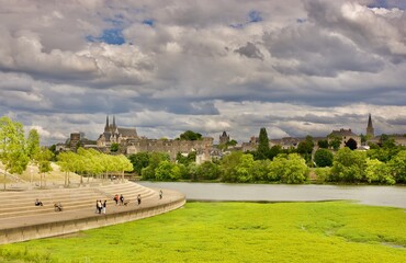 view of historic town Angers from « l’île aux libellules » - obrazy, fototapety, plakaty