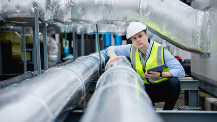 An industry engineer is inspecting the industry cooling tower air conditioner of a huge industrial...