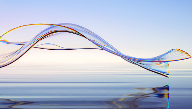3d render abstract background in nature landscape. Transparent glossy glass flow on water. Holographic curved wave in motion. Iridescent design element for banner background, wallpaper.