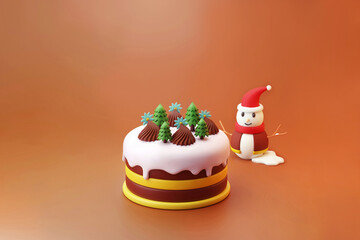Christmas chocolate cake  with cute pine tree topping and snowman Santa 3d illustration for gift card and advertising  