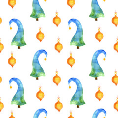 Watercolor Christmas trees and ornaments seamless pattern isolated on transparent background. Winter holidays green and yellow pattern.