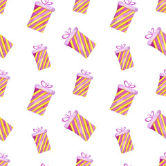 Obraz premium Watercolor Christmas seamless pattern with pink gift box isolated on transparent background.