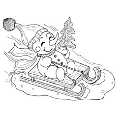 A cheerful snowman riding on a holiday, on a sled with a Christmas tree.