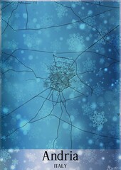 Christmas background, Chirstmas map of Andria Italy, greeting card on blue background.