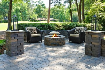 Beautiful outdoors pavers with two comfortable armchairs and a fire pit in a green environment - obrazy, fototapety, plakaty