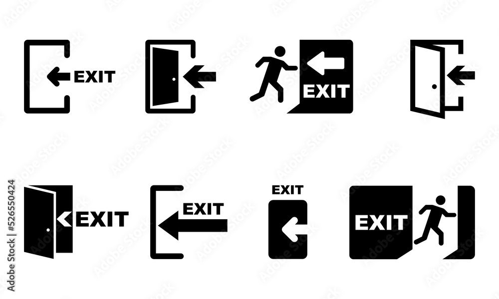 Poster set of exit vector icons set. black doorway. emergency exit. open door. vector 10 eps.
