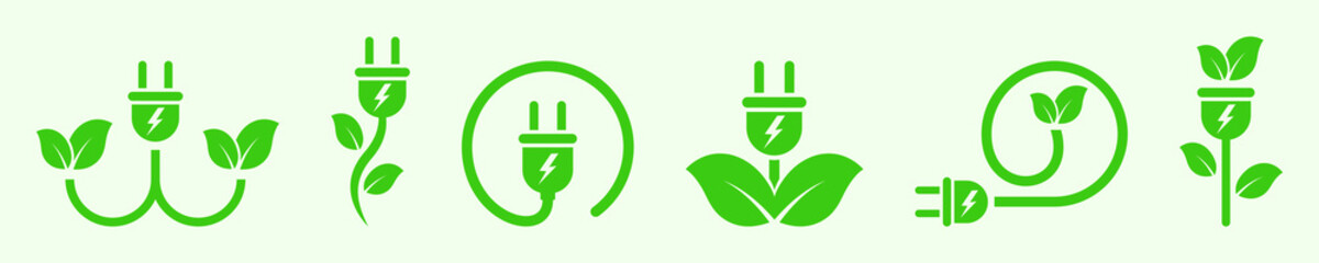 Set of green leaf and electric plug vector icons. Electric adapter and leaves. Green energy symbol. Flower cable. Save ecology.