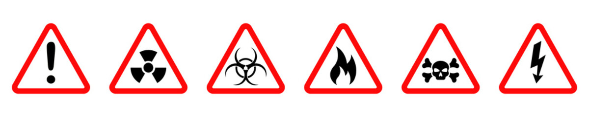 Set of red danger vector signs. Hazard icon. Triangular danger signs. Warning from hazard. Vector 10 EPS.