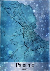 Christmas background, Chirstmas map of Palermo Italy, greeting card on blue background.