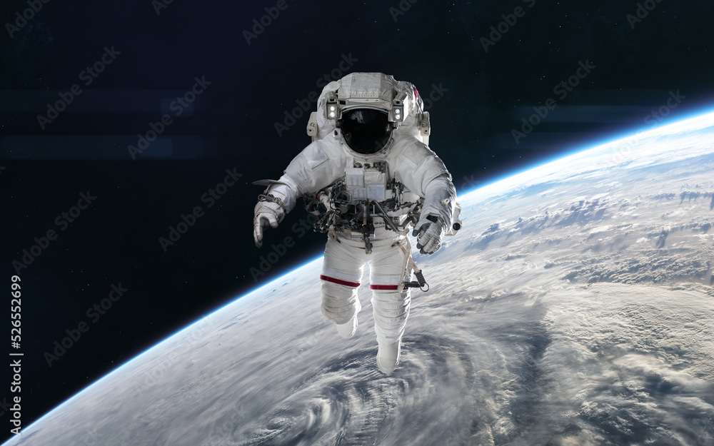 Sticker astronaut in outer space. orbit of the planet earth. solar system. science fiction. elements of this
