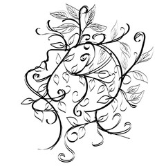 Silhouette of a head, drawn with lines, decorated with leaves.Vector illustration, isolated on white background