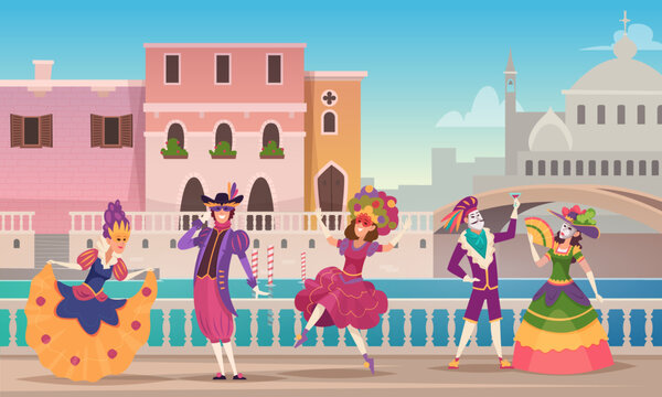 Carnival background. Venetian entertainment fashioned characters dancing in beautiful costumes and masks exact vector colored template