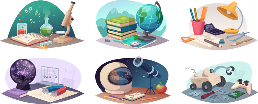 Science symbols. Education stuff colored cartoon pictures of astronomy biology and geography globe chemistry tubes exact vector illustrations