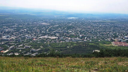 Mountain landscapes. Panoramic view from Mount Mashuk to the city of Pyatigorsk and the surrounding landscape. North Caucasus, Russia.