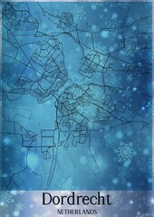 Christmas background, Chirstmas map of Dordrecht Netherlands, greeting card on blue background.