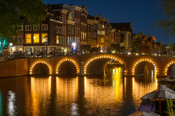 Night Illuminated Bridge in Amsterdam