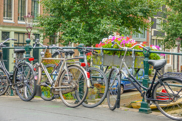Bicycles and Flowers near the Railing of the Amsterdam Bridge
