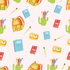 School seamless pattern. Supplies for studying. Cute vector illustration in flat cartoon style