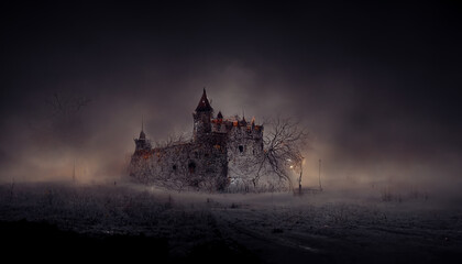 Obraz premium Old castle with cemetery illustration for halloween. Halloween night pictures for wall paper.3D illustration. 