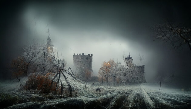 Old castle with cemetery illustration for halloween. Halloween night pictures for wall paper.3D illustration. 