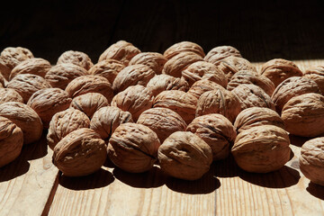 Walnuts on a wooden table in the bright sun.